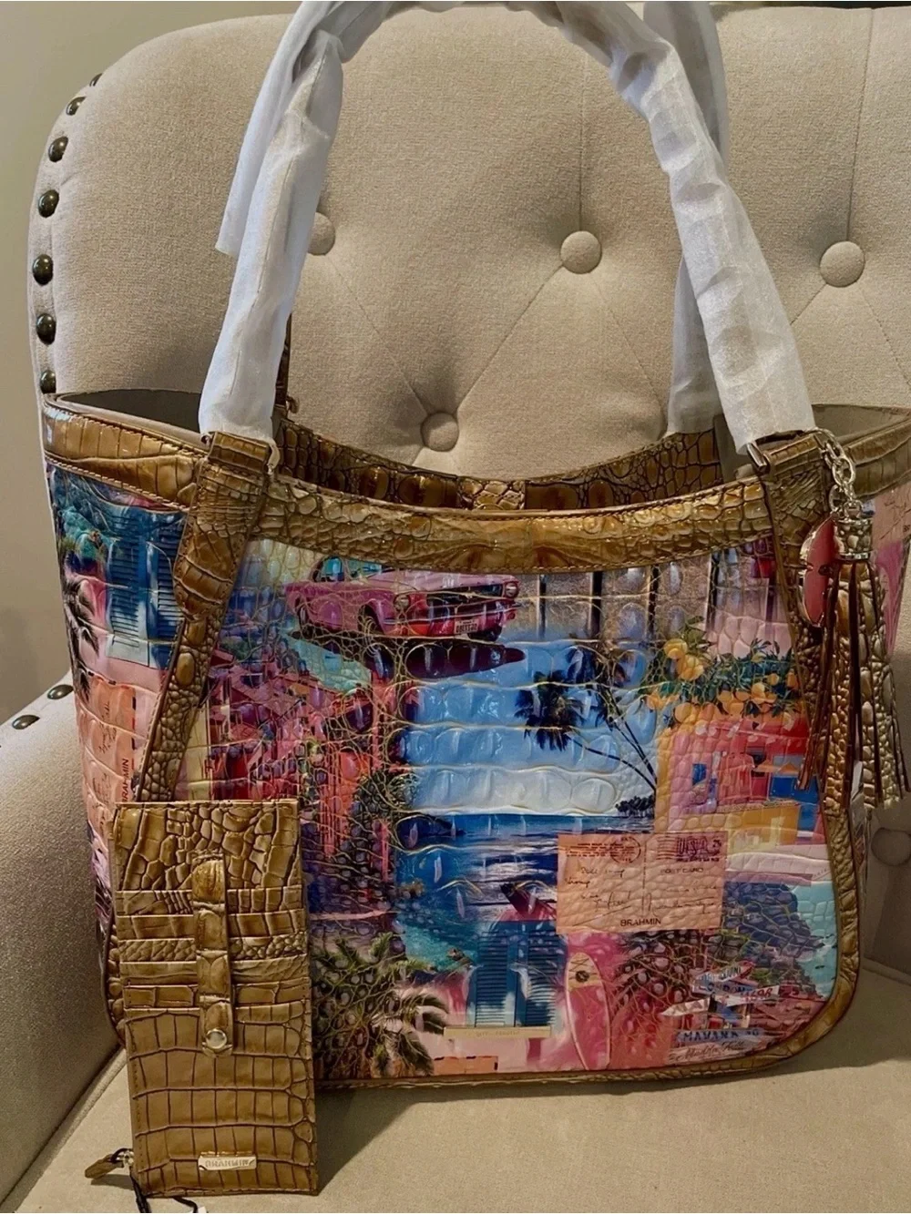 Brahmin Aliza Colorful Tote In Myrtos Multi Beach  Travel Matching CC Wallet NWT